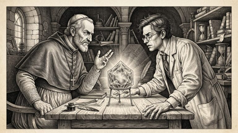 An antique brass examiner's lamp casts focused light onto a massive sealed ecclesiastical door with heavy clasps and a wax seal. A single thin ray of light escapes beneath the door's lowest edge, pooling on the floor below - institutional certainty sealed against the light of inquiry, but the question leaks through regardless.