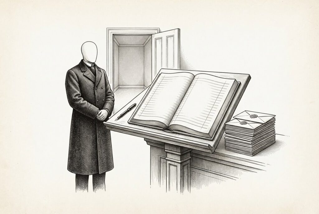 An engraved admission antechamber: a lectern holding a completely blank unwritten register, a stack of unopened envelopes with unbroken wax seals, a motionless usher, and an empty doorway beyond.