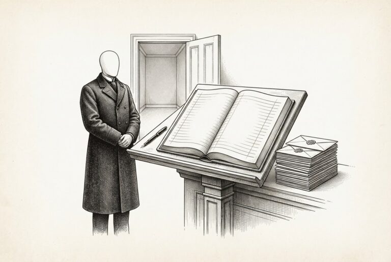 An engraved admission antechamber: a lectern holding a completely blank unwritten register, a stack of unopened envelopes with unbroken wax seals, a motionless usher, and an empty doorway beyond.