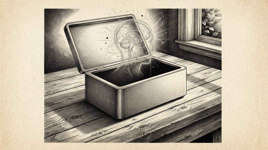 Engraved pen-and-ink illustration of an open smart-display box on a wooden table with a translucent brain hovering above the empty opening.