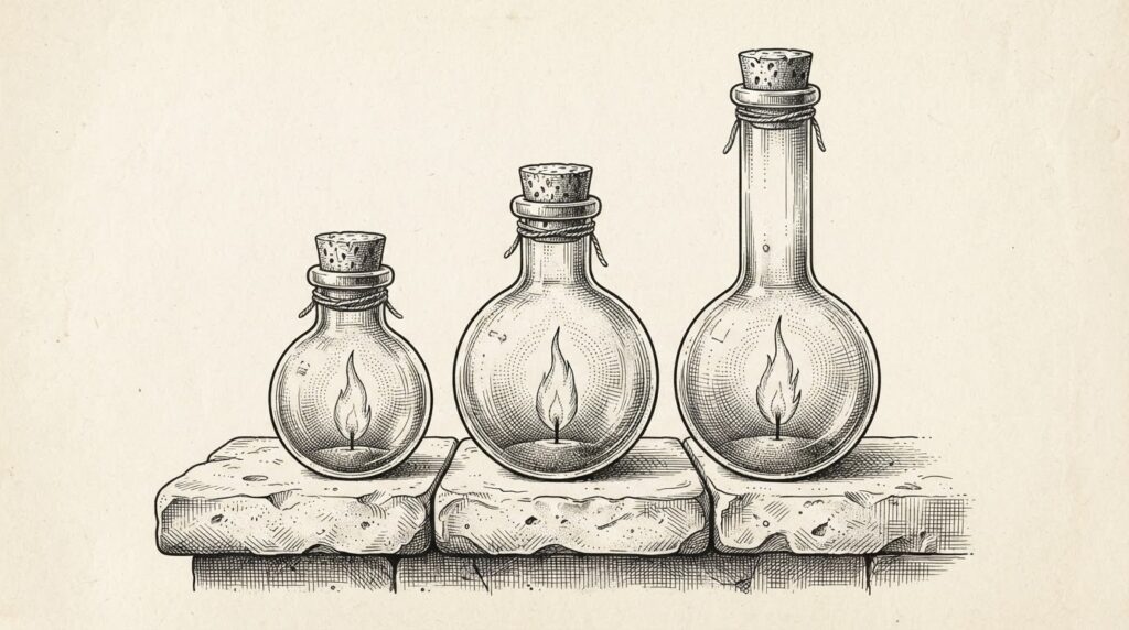Pen-and-ink engraving of three sealed glass vessels of ascending height on a stone ledge, each containing its own self-sustaining flame without external fuel - representing Apple's tiered smart home hardware as self-contained owned intelligence at each price point, no subscription required.