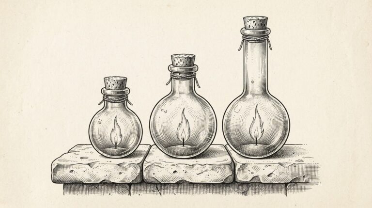 Pen-and-ink engraving of three sealed glass vessels of ascending height on a stone ledge, each containing its own self-sustaining flame without external fuel - representing Apple's tiered smart home hardware as self-contained owned intelligence at each price point, no subscription required.