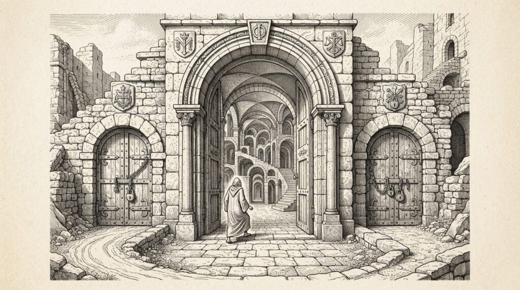 Monochrome pen-and-ink engraving of a massive stone gateway with three grand arches standing wide open, revealing a vast connected landscape of rooms and corridors beyond. A small faceless figure stands at the central arch threshold. On either side, smaller sealed gateways are locked shut with heavy bolts - representing competitors whose ecosystems remain incomplete.