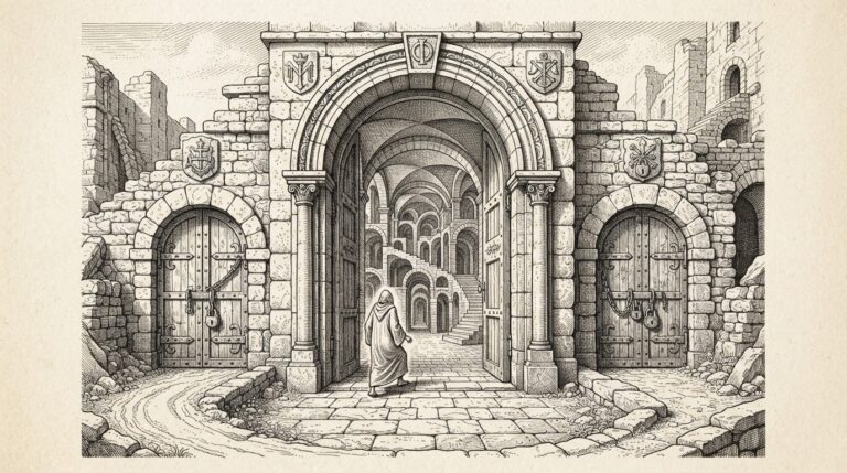 Monochrome pen-and-ink engraving of a massive stone gateway with three grand arches standing wide open, revealing a vast connected landscape of rooms and corridors beyond. A small faceless figure stands at the central arch threshold. On either side, smaller sealed gateways are locked shut with heavy bolts - representing competitors whose ecosystems remain incomplete.