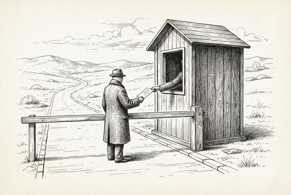 A pen-and-ink engraving of a customs checkpoint on a road with a barrier arm and guard booth, where a faceless traveler shows a document before being allowed to pass - the OS requiring explicit consent from agents.