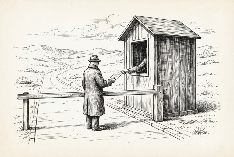 A pen-and-ink engraving of a customs checkpoint on a road with a barrier arm and guard booth, where a faceless traveler shows a document before being allowed to pass - the OS requiring explicit consent from agents.