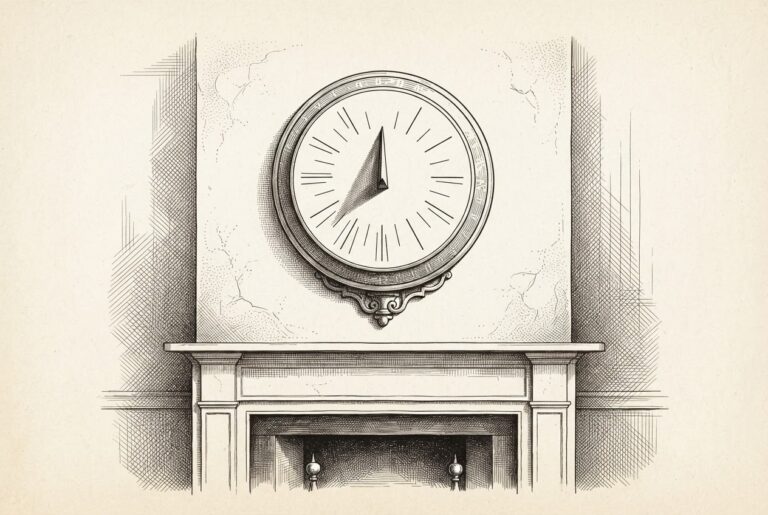 Pen-and-ink engraving of a stone sundial mounted above a domestic fireplace mantle, its gnomon casting a shadow - representing a home security device that detects presence through shadow without ever recording an image. Conceptual metaphor for Apple's privacy-first camera approach.
