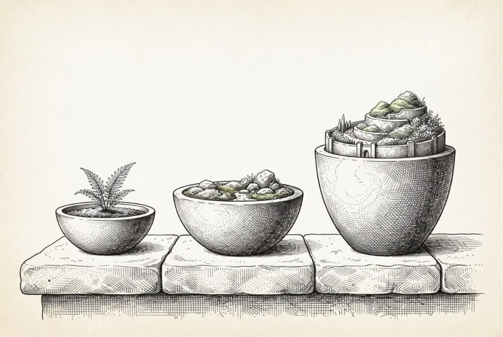 Pen-and-ink engraving of three stone garden bowls of ascending height on a broad stone ledge, each containing its own self-sustaining miniature enclosed garden ecosystem - a single fern, a courtyard garden, and a full walled landscape - representing three price tiers of hardware-bundled AI, each self-contained with no external subscription required.