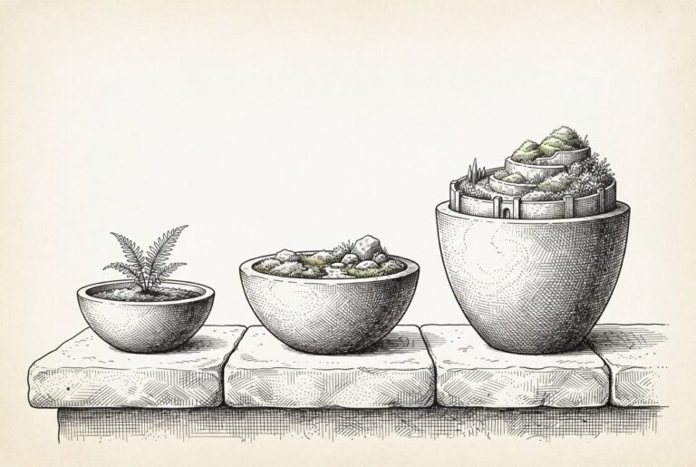 Pen-and-ink engraving of three stone garden bowls of ascending height on a broad stone ledge, each containing its own self-sustaining miniature enclosed garden ecosystem - a single fern, a courtyard garden, and a full walled landscape - representing three price tiers of hardware-bundled AI, each self-contained with no external subscription required.