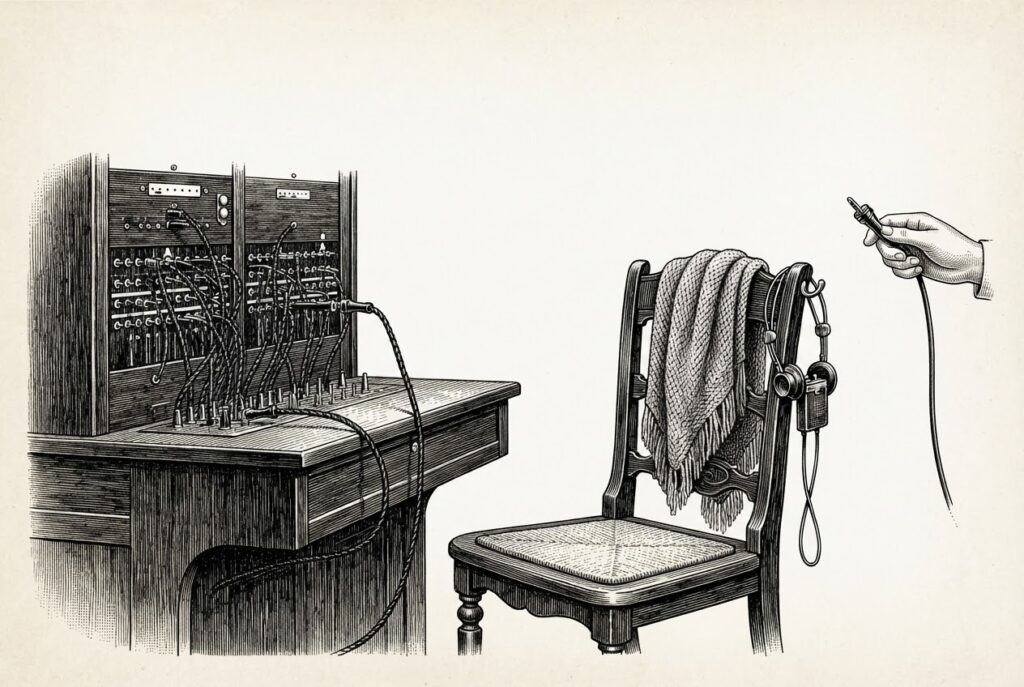 A 19th-century telephone switchboard of brass jacks and braided cords with one cord held ready by a disembodied hand, beside an empty wooden operator's chair draped with a knitted shawl and an unused headset hanging on its post
