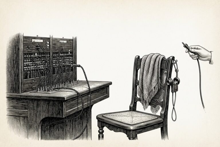 A 19th-century telephone switchboard of brass jacks and braided cords with one cord held ready by a disembodied hand, beside an empty wooden operator's chair draped with a knitted shawl and an unused headset hanging on its post