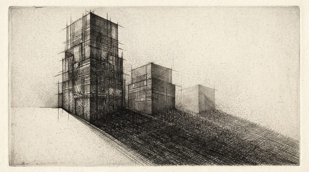 Abstract monochrome pen-and-ink engraving of three descending architectural forms with dense cross-hatching and stippling, suggesting ranked AI models and hidden methodology – pure allegory with no literal technology.