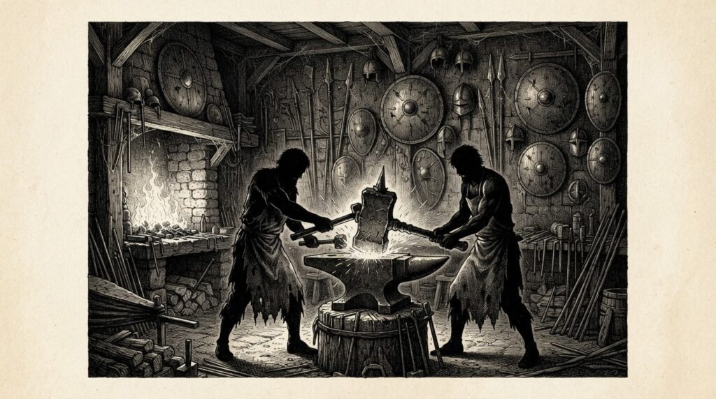 A medieval forge workshop with two blacksmiths hammering a massive weapon on an anvil, shields and spears hanging unused on the wall behind them - the agent security wave shifting from defense to offense