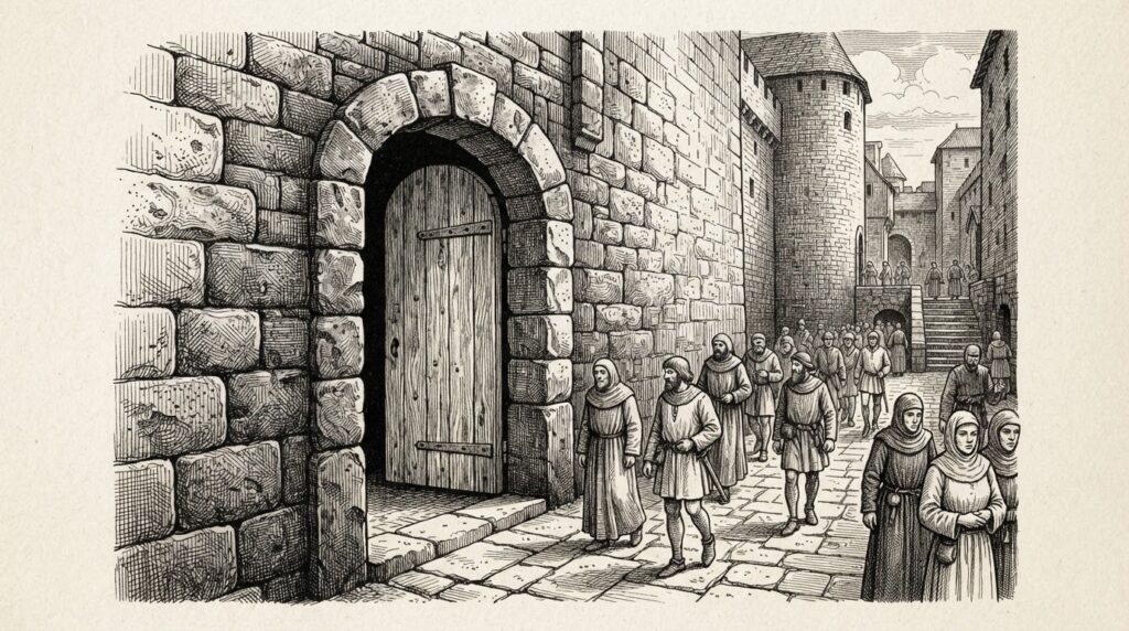 A pen-and-ink engraving of an unlocked door in a fortress wall that everyone walks past without checking - default-trust in development infrastructure