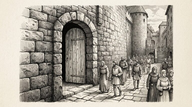 A pen-and-ink engraving of an unlocked door in a fortress wall that everyone walks past without checking - default-trust in development infrastructure