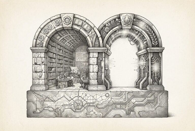 A hand-drawn editorial engraving of two ornate, interlocking stone archways sharing a single massive foundation engraved with a map-like texture representing a context graph.