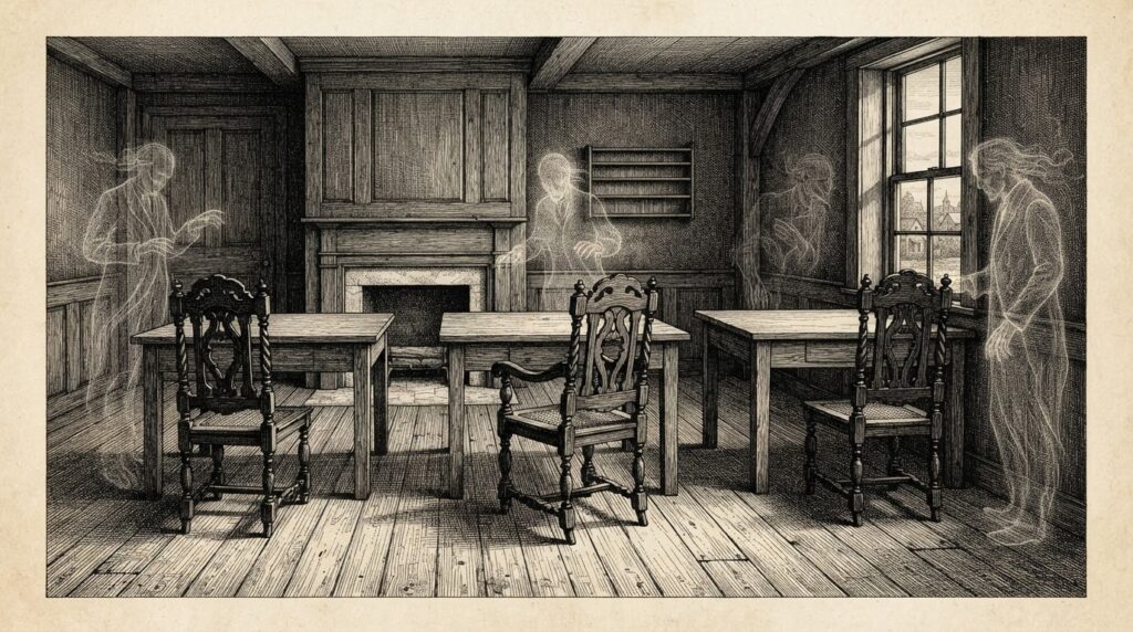 Empty chairs in a dim counting house, ghostly translucent figures of clerks fading from the frame while bare desks wait - a conceptual metaphor for back-office automation absorbing junior roles.