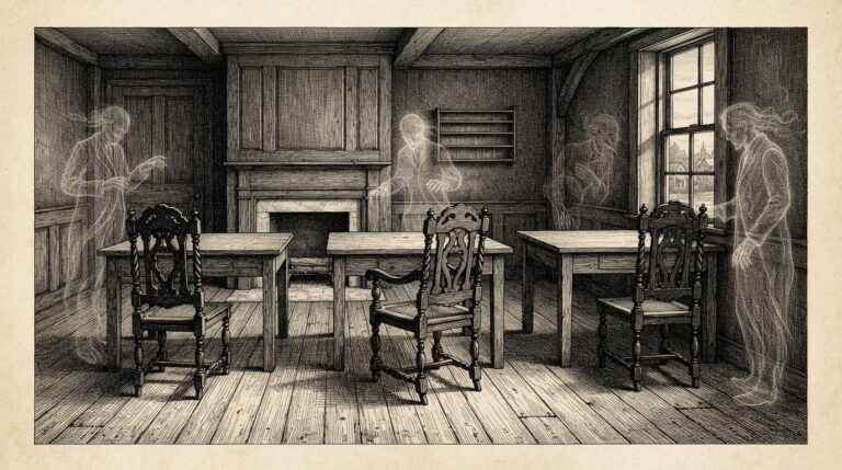 Empty chairs in a dim counting house, ghostly translucent figures of clerks fading from the frame while bare desks wait - a conceptual metaphor for back-office automation absorbing junior roles.
