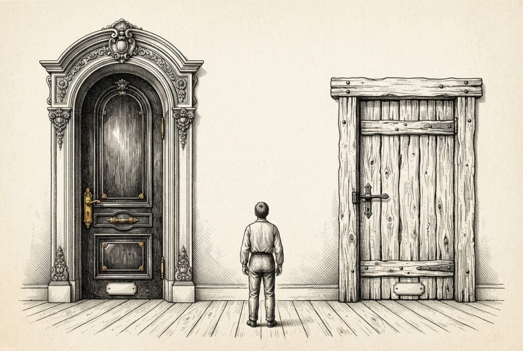 Engraved illustration of two contrasting doorways side by side - one ornate and gilded, one rough and hand-built - both with identical small warning plaques at their base.