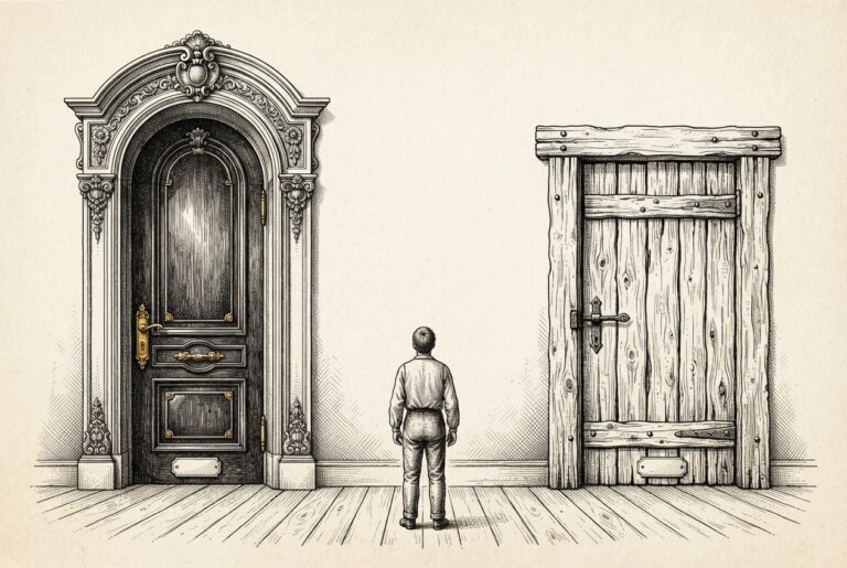 Engraved illustration of two contrasting doorways side by side - one ornate and gilded, one rough and hand-built - both with identical small warning plaques at their base.