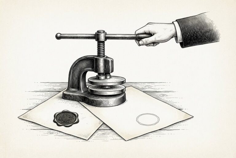 Monochrome pen-and-ink engraving of an antique seal press above two pages: one bearing a deep circular wax impression, the other a blank unpressed wax, with a hand on the press lever.