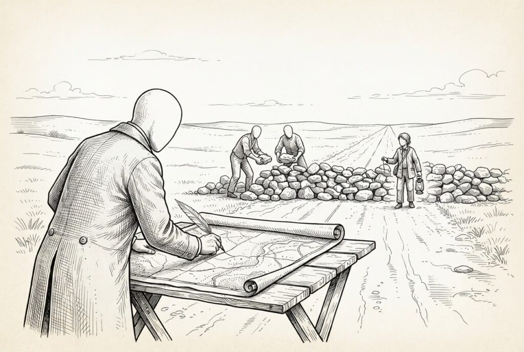 Monochrome pen-and-ink engraving of a faceless cartographer at a folding table drawing an open unobstructed road on an unfurled map, while in the same landscape two faceless laborers pile stones into a barrier across the real road and a lone traveler with a lantern waits at the barrier. The drawn road is open; the real road is blocked.