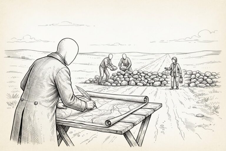 Monochrome pen-and-ink engraving of a faceless cartographer at a folding table drawing an open unobstructed road on an unfurled map, while in the same landscape two faceless laborers pile stones into a barrier across the real road and a lone traveler with a lantern waits at the barrier. The drawn road is open; the real road is blocked.