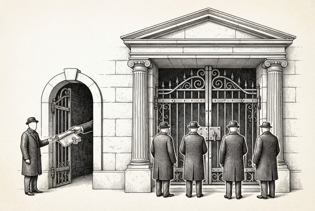 Monochrome pen-and-ink engraving of a grand institutional stone doorway with four faceless figures facing a locked main gate while one figure at a narrow side entrance receives a rolled scroll from a hand.