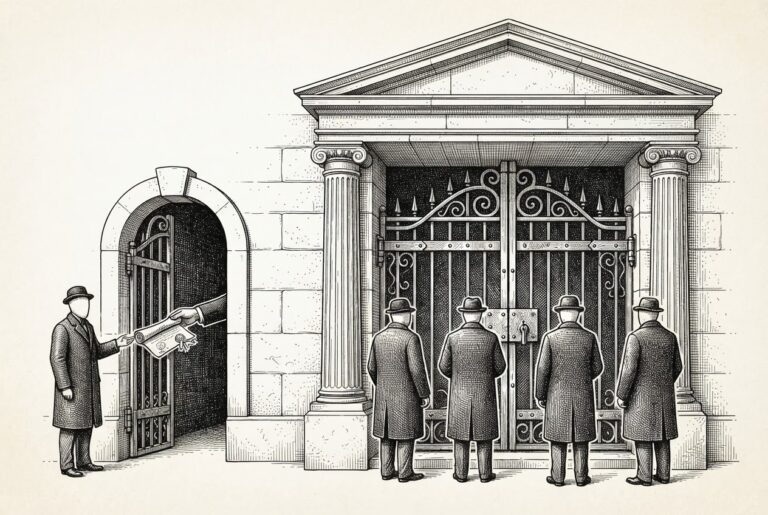 Monochrome pen-and-ink engraving of a grand institutional stone doorway with four faceless figures facing a locked main gate while one figure at a narrow side entrance receives a rolled scroll from a hand.