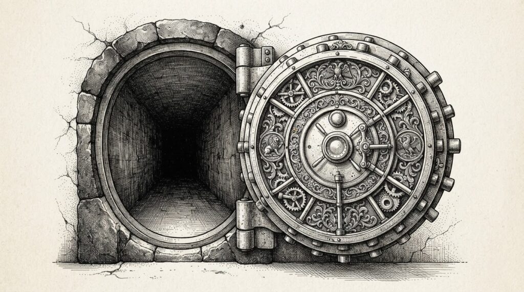 Hand-drawn engraving of a heavy ornate vault door standing ajar with hollow decorative locking mechanisms, bolts that don't connect, through which an unguarded corridor extends into shadow.