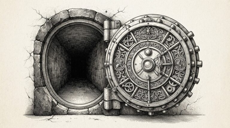 Hand-drawn engraving of a heavy ornate vault door standing ajar with hollow decorative locking mechanisms, bolts that don't connect, through which an unguarded corridor extends into shadow.
