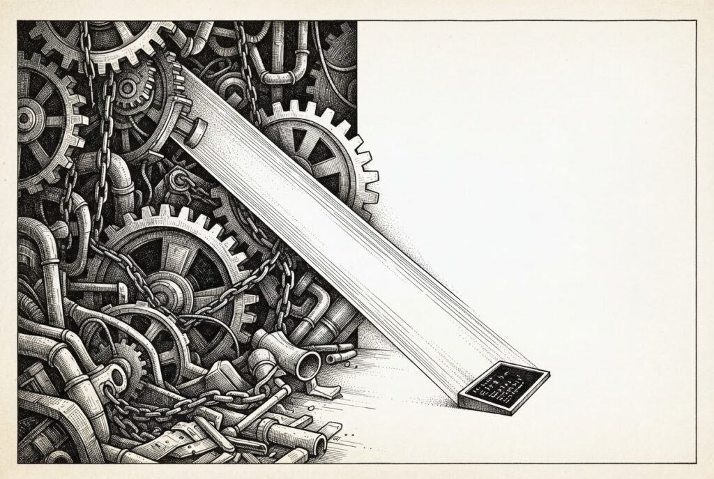 A wide composition split into two contrasting halves - on the left, a dark cluttered space filled with heavy mechanical gears and tangled pipes representing the old tool catalog approach; on the right, a clean minimalist space with a single sharp beam of light representing code generation.