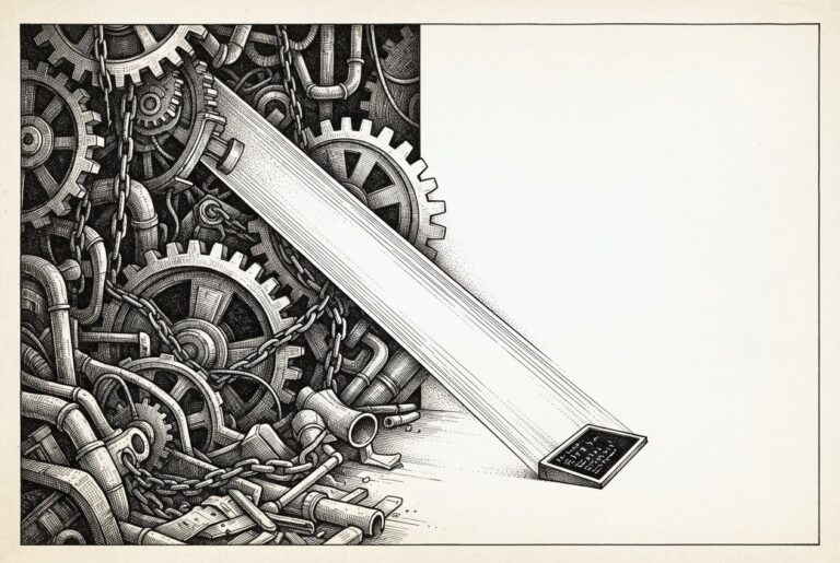 A wide composition split into two contrasting halves - on the left, a dark cluttered space filled with heavy mechanical gears and tangled pipes representing the old tool catalog approach; on the right, a clean minimalist space with a single sharp beam of light representing code generation.