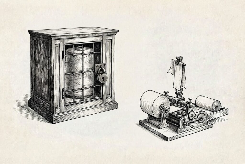 A pen-and-ink engraving of a locked cabinet holding intact rolls beside a separate workbench with differently sized rolls and a severed strip of cloth.