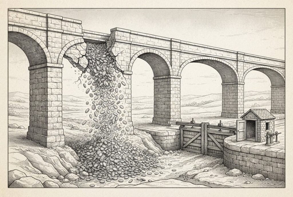 Pen-and-ink engraving of a monumental stone aqueduct breached at one pier with coins pouring through the crack, while downstream two lock gates stand clamped shut and the lock-keeper's cabin sits empty with no one at the controls.