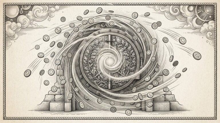 A traditional bank vault with gravitational pull drawing stablecoin tokens toward it, the stablecoins attempting to fly outward but being pulled back by deposit rate gravity - monochrome pen-and-ink engraving on warm paper