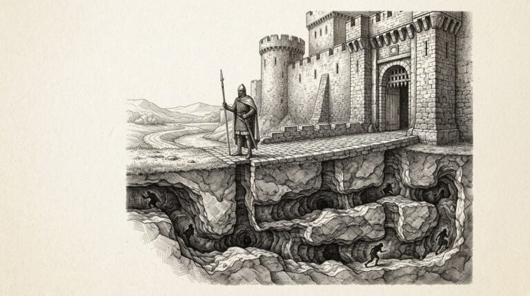 A solitary armored sentry stands at a fortress gate holding a spear while hidden tunnels run beneath the walls, completely beyond the sentry's view — the defense layer as attack vector