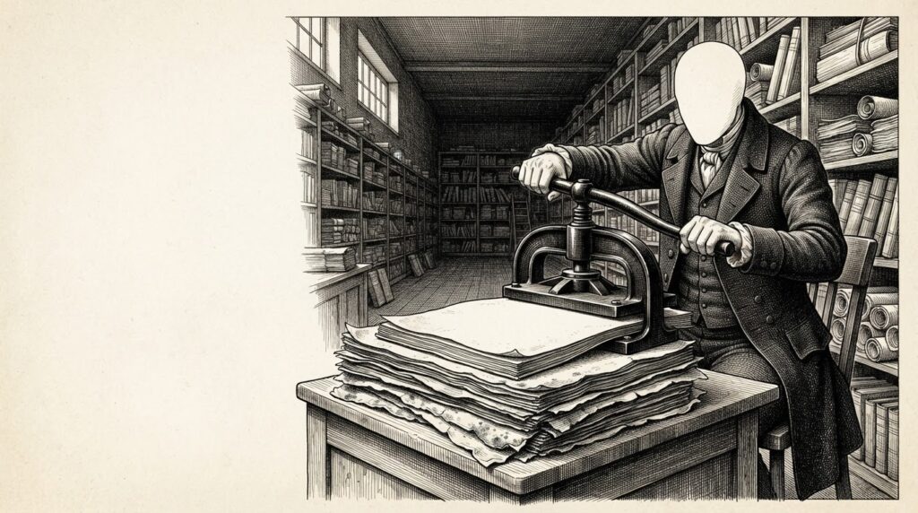 Hand-drawn engraving of a faceless clerk at a tall desk pressing a heavy iron stamp onto a tall stack of aged, blank folios in a dim records hall.