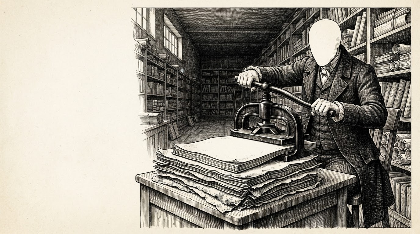 Hand-drawn engraving of a faceless clerk at a tall desk pressing a heavy iron stamp onto a tall stack of aged, blank folios in a dim records hall.