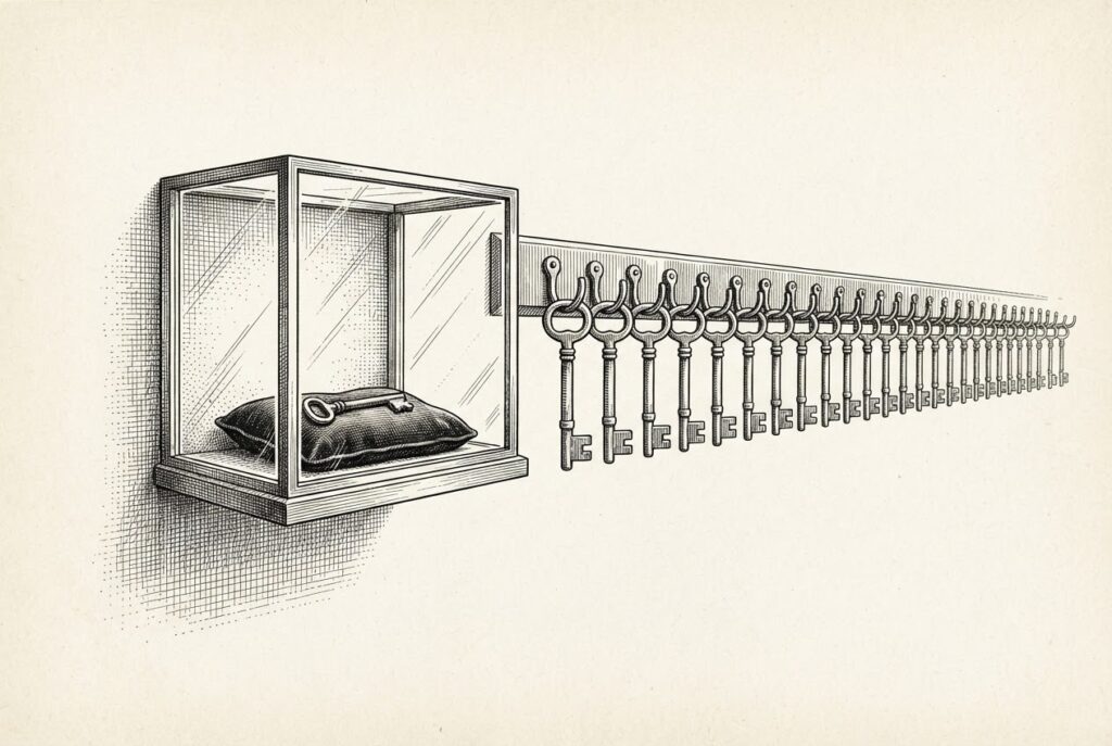 An engraved museum vitrine displaying one antique master key blank on a cushion while rows of identical keys hang on hooks nearby: the original is public, so every copy is valid.