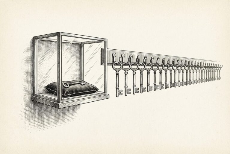 An engraved museum vitrine displaying one antique master key blank on a cushion while rows of identical keys hang on hooks nearby: the original is public, so every copy is valid.