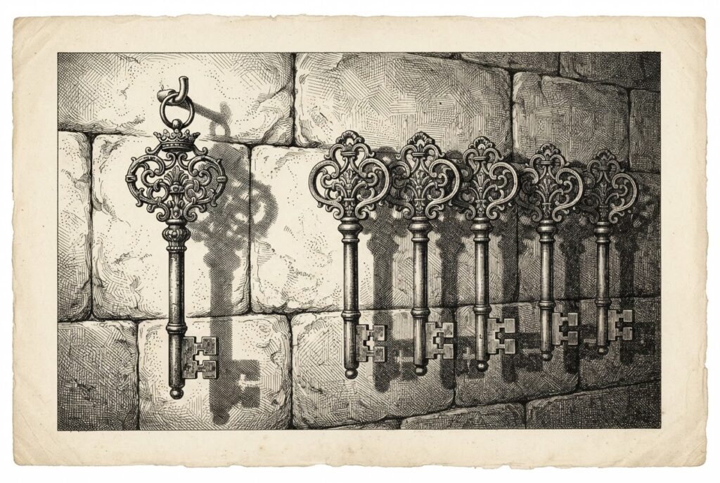 An ornate key casting multiple identical solid shadows on a wall, each shadow indistinguishable from the original - cryptographic identity forgery at the credential binding layer