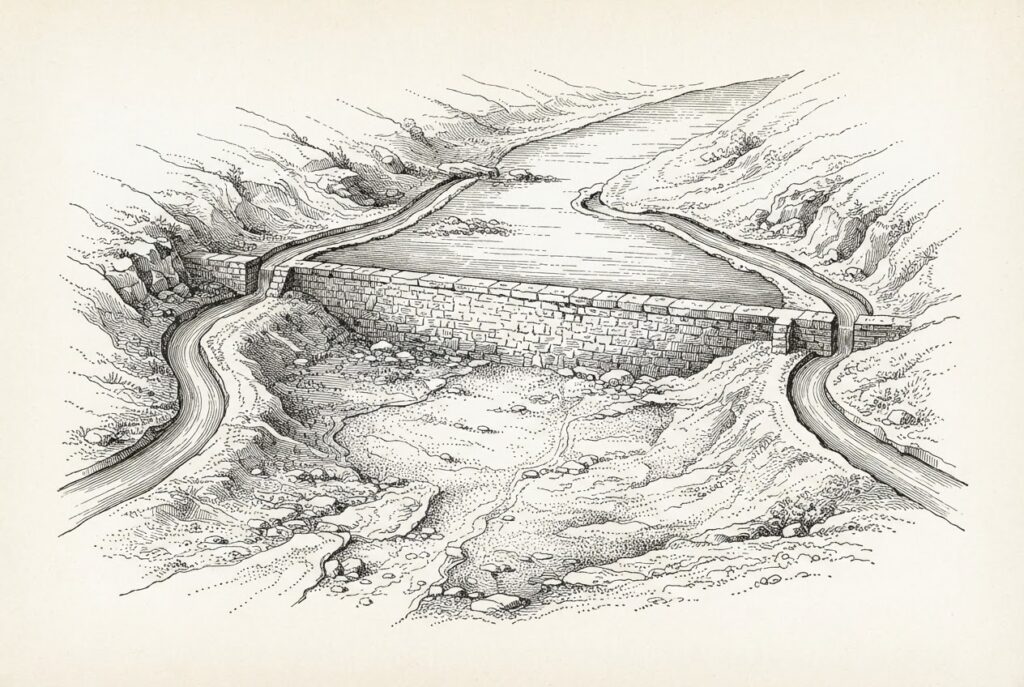 Ink illustration of a sealed wall with two narrow side-passages bypassing it.