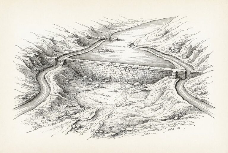 Ink illustration of a sealed wall with two narrow side-passages bypassing it.