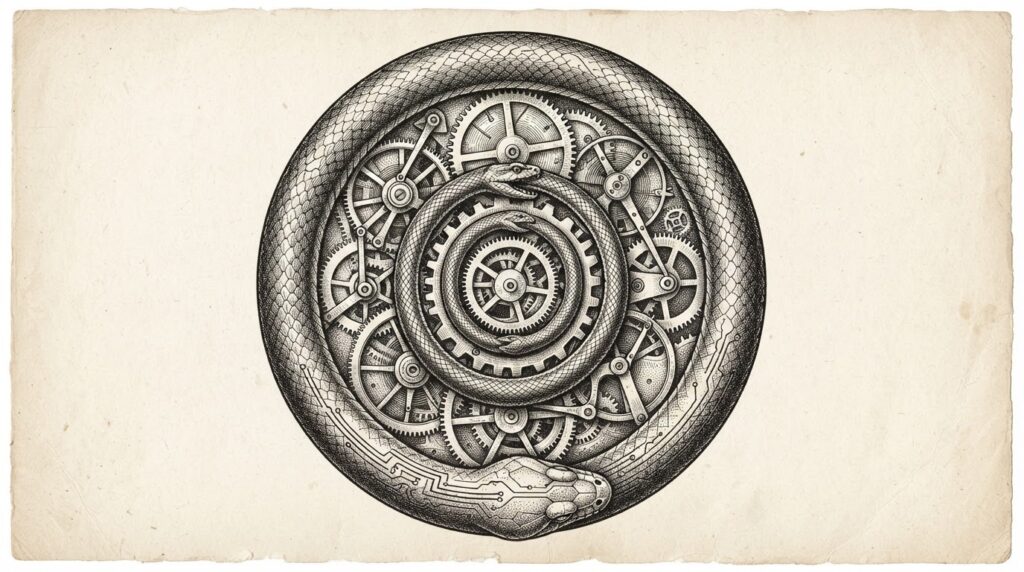 Ouroboros serpent forming circular financing structure with mechanical gears inside, monochrome pen-and-ink engraving