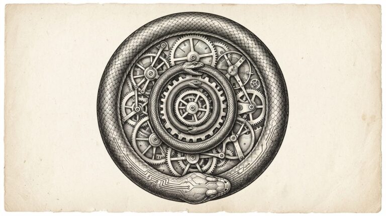 Ouroboros serpent forming circular financing structure with mechanical gears inside, monochrome pen-and-ink engraving