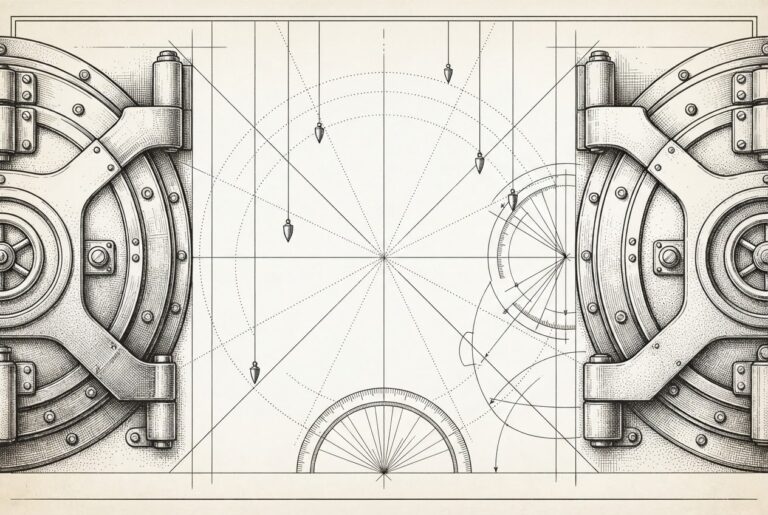 Two ornate vault doors on opposite sides of a frame connected only by dotted construction lines and suspended plumb bobs — the financing structure planned but not yet built.