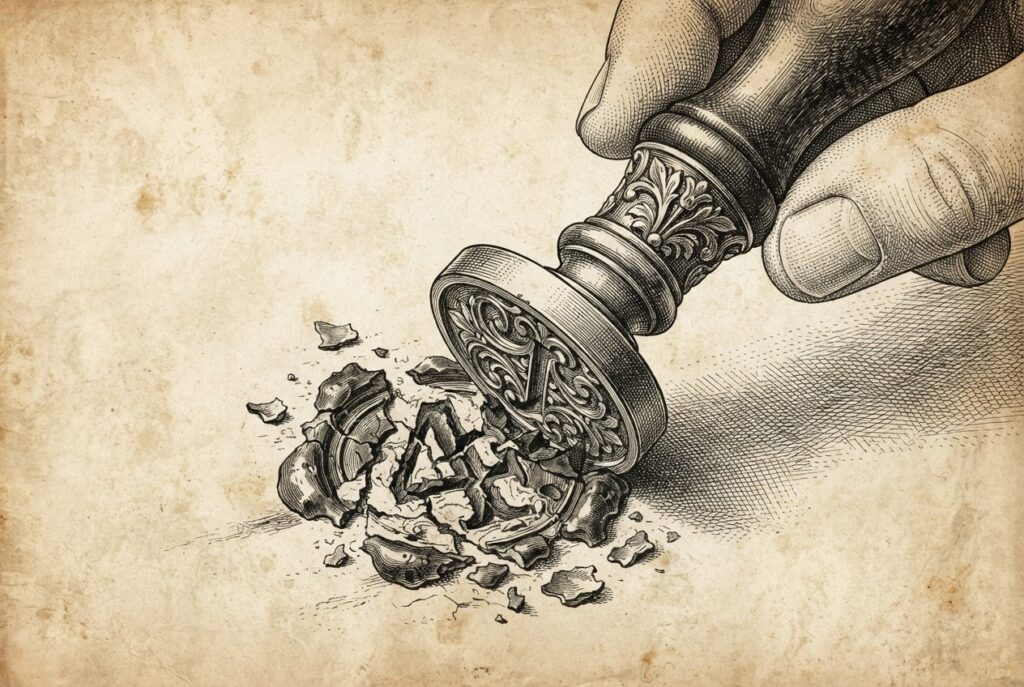 A monochrome pen-and-ink engraving on warm aged paper: a heavy, ornate wax-seal press makes a simple mark of the number '4' on crumbling wax. Concept: the broken stamp. Visible cross-hatching and stippling, no text, no logos, no color.