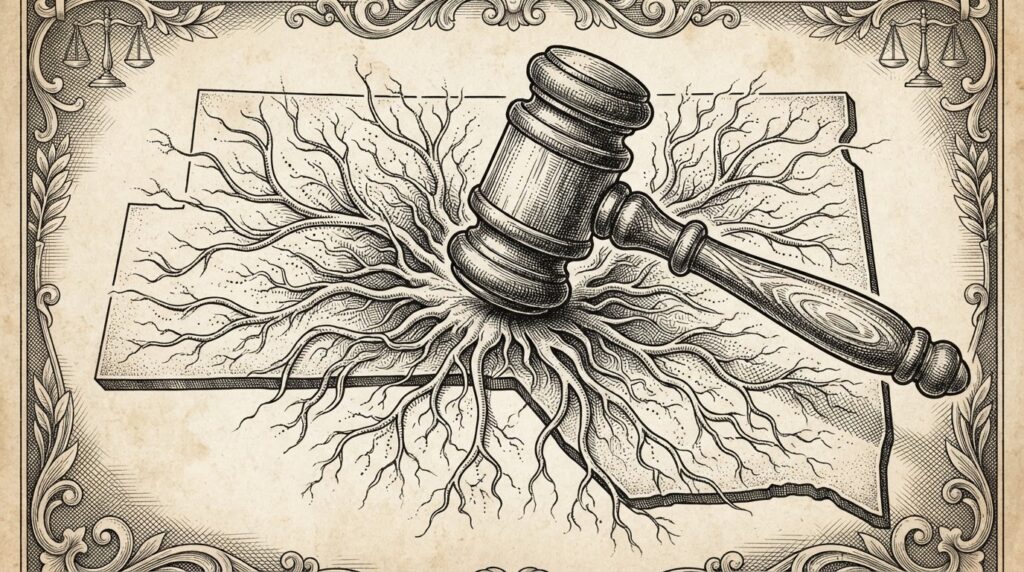 A judge's gavel striking down onto a US state map outline with branching root-like tendrils spreading outward from the impact point, representing governance spreading through technology. Monochrome pen-and-ink engraving.