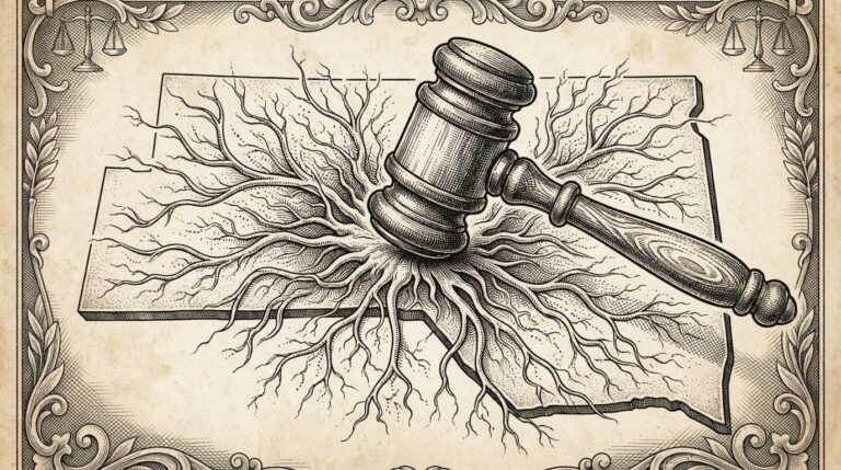 A judge's gavel striking down onto a US state map outline with branching root-like tendrils spreading outward from the impact point, representing governance spreading through technology. Monochrome pen-and-ink engraving.